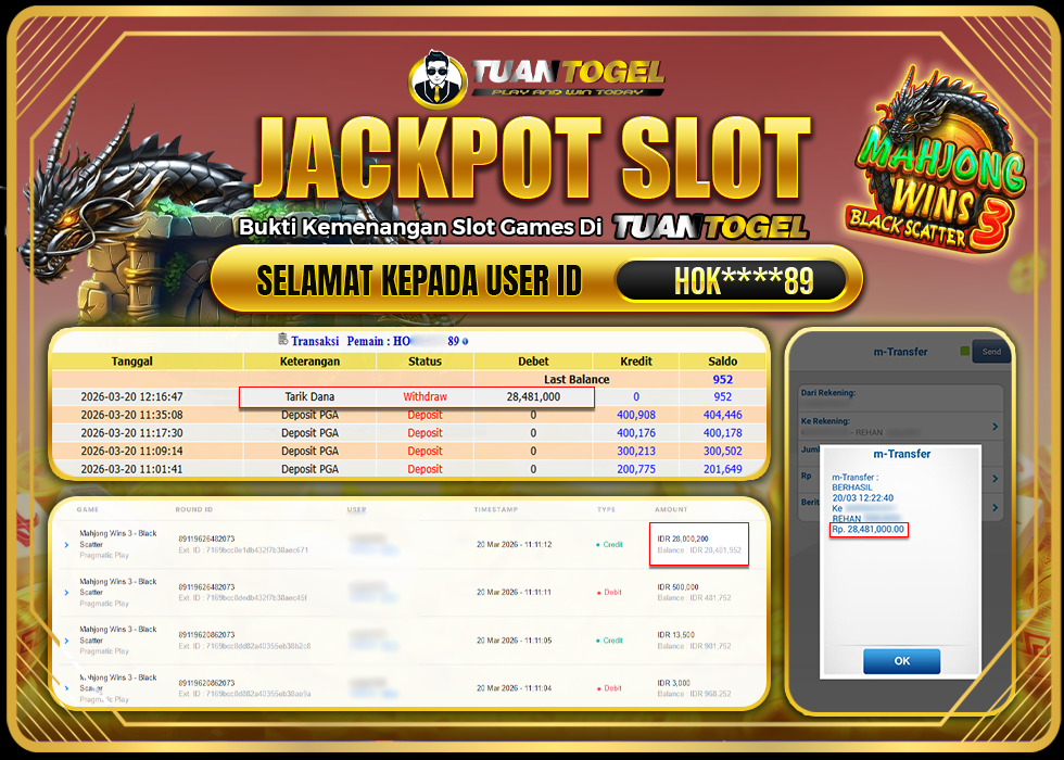 TUANTOGEL JACKPOT SLOT MAHJONG WINS 3 -BLACK SCATTER Rp28.481.000,- LUNAS